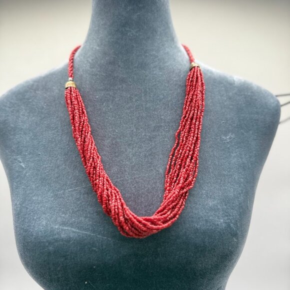 Handmade Jewelry - VINTAGE Red Coral Seed Bead  MULTI STRAND with gold tone  Necklace
